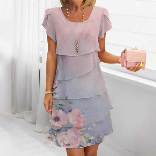 Women's Summer Round Neck Floral Printed Cake Dress