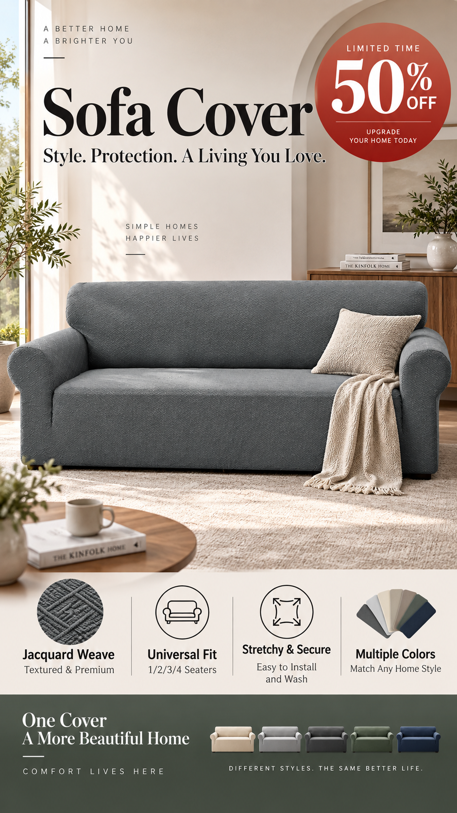 š„Jacquard Sofa Cover with High Elasticity and Anti-slip Straps