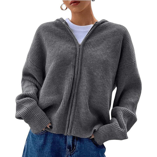 Women's Zip Up Hooded Knitted Cardigan