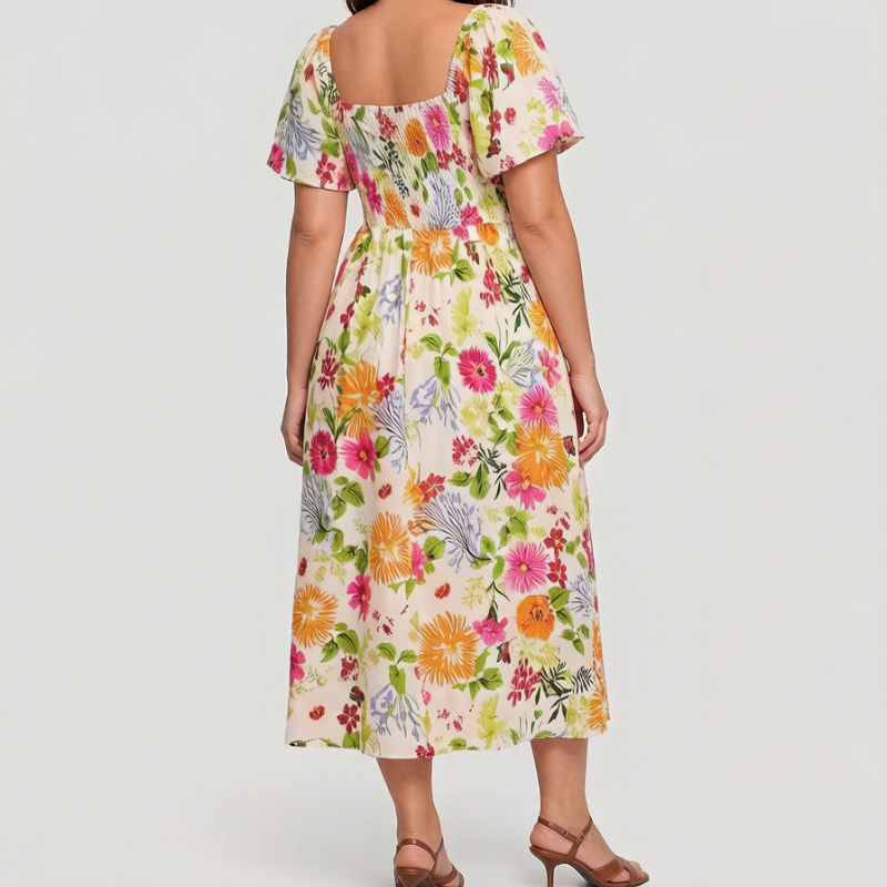🏝️👗Floral Smocked Square Neck Midi Dress with Pockets💃