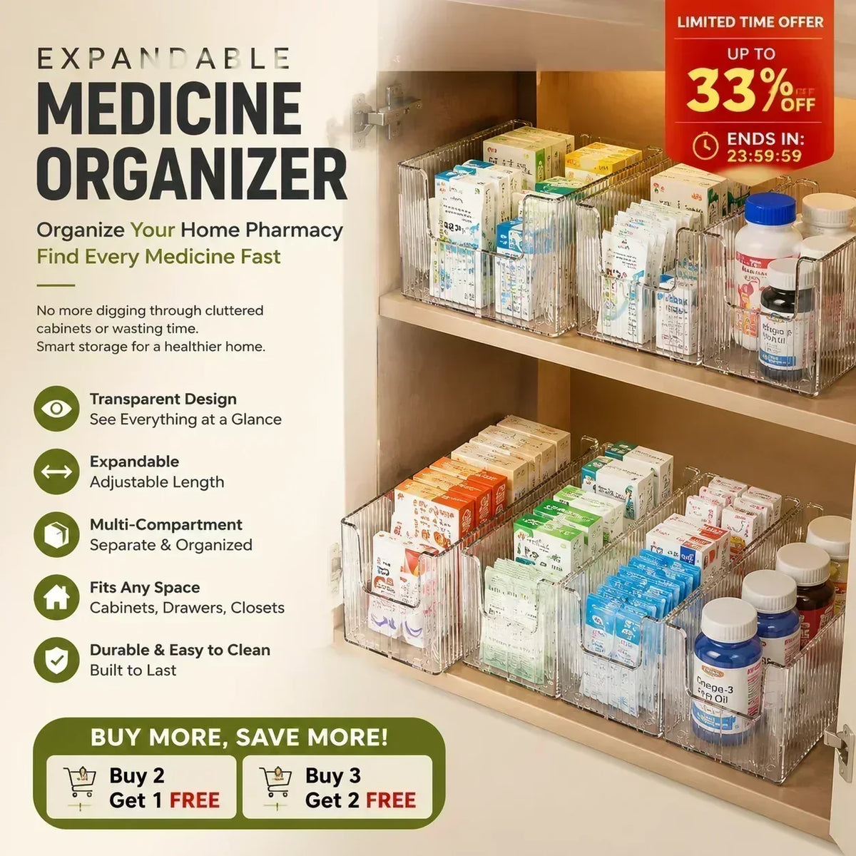 ๐ฅ Transparent Expandable Medicine Organizer โ expandable, perfect for a tidy medicine cabinet ๐๐๏ธ