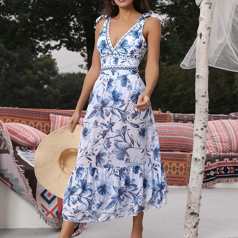 💥 V Neck Lace Up Printed One Piece Swimsuit and Skirt