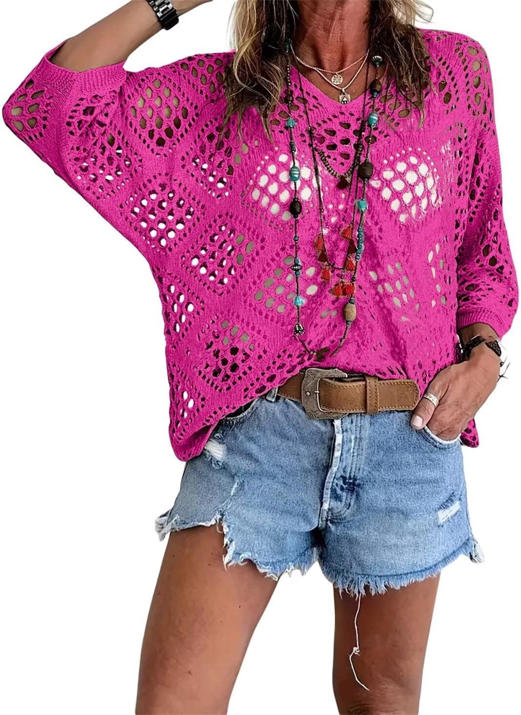 🥰Summer Sale💛Womens Bohemian-Inspired Beige Crochet Top With V-Neck