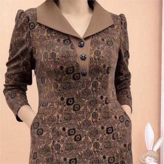 Lapel V-neck Slim Fashion Long Sleeve A-line Dress