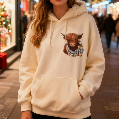 Cute Highland Cow Cozy Fleece-Lined Hooded Sweatshirt
