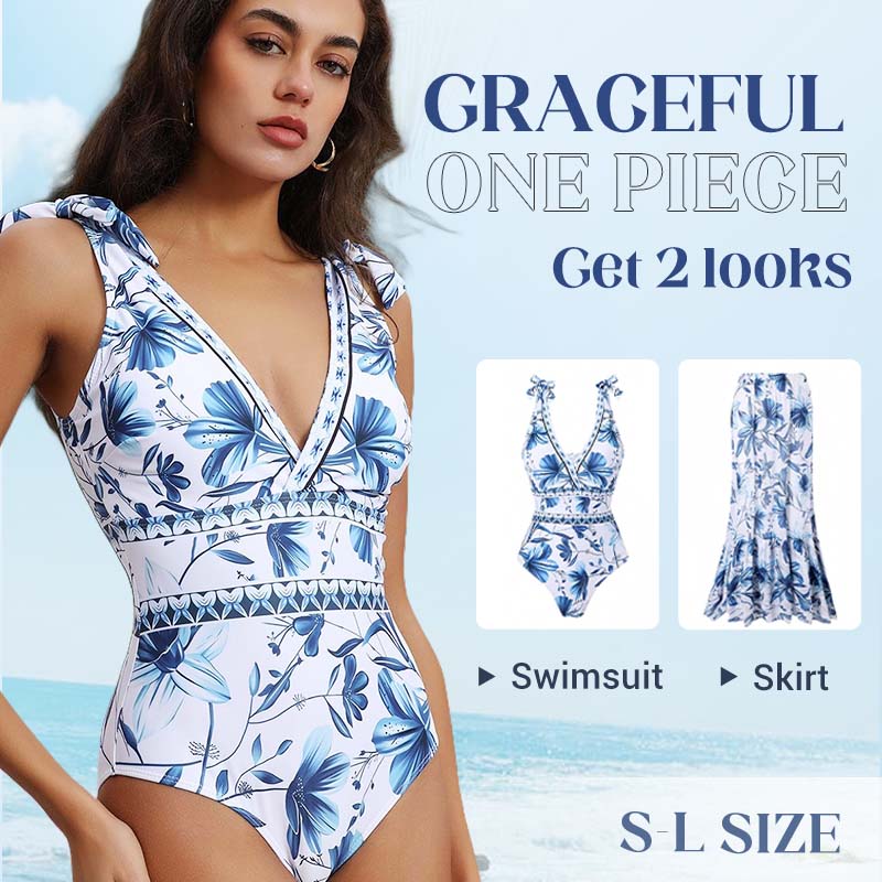💥 V Neck Lace Up Printed One Piece Swimsuit and Skirt