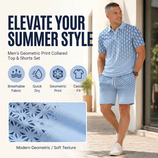 👕 Men's Geometric Print Collared Top & Shorts Set – Modern Pattern & Breathable Coordinated Look 🔷