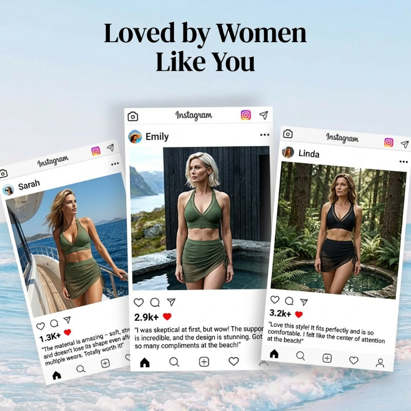 🏖️ High Waisted Bikini Set with Swim Skirt – Gentle tummy control, flattering skirt coverage. Feel confident & comfortable by the water. 🌊🌸