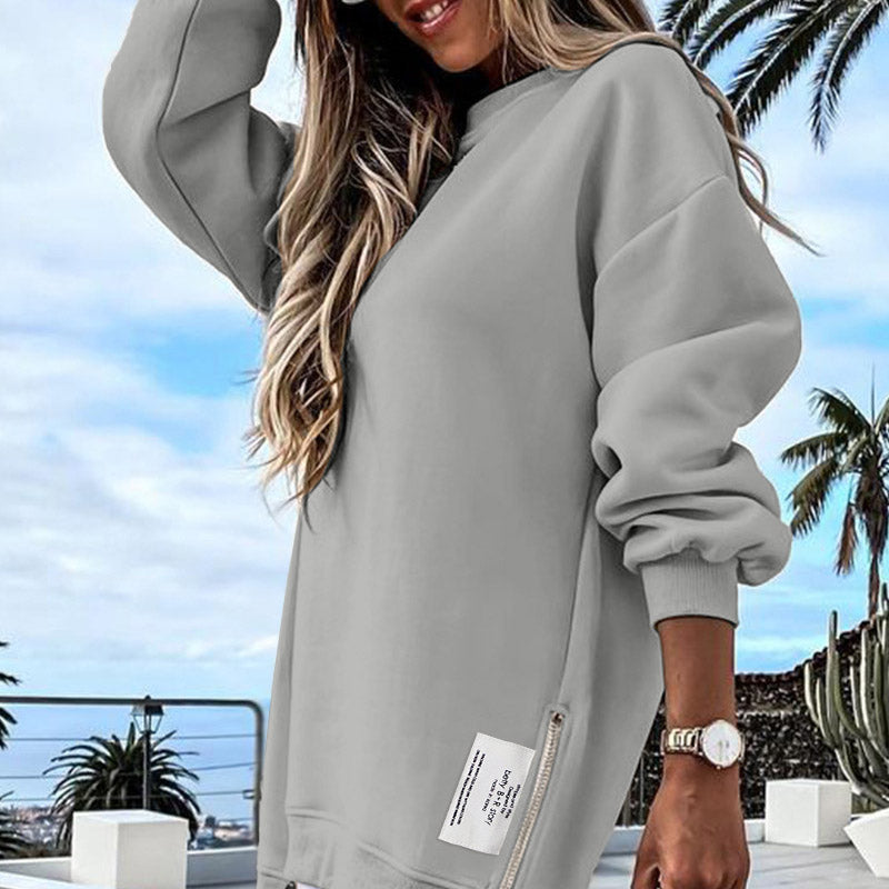 🔥2025 HOT SALE🔥 Long Sleeve Pullover Zipper Slit Casual Sweatshirt Dress