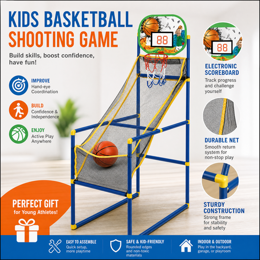 🏀🎯Kids‘ Indoor Basketball Arcade Game – Auto ball return, sturdy & safe. 4 balls + pump included. Quick setup, endless fun! 🧒💨