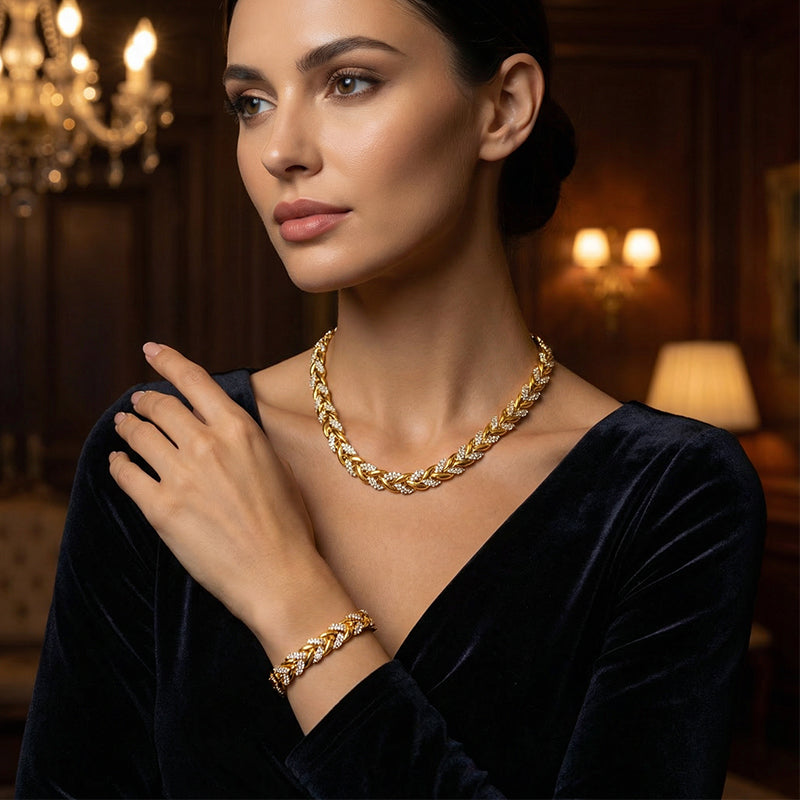 Adjustable Rhinestone Leaf Link Necklace & Bracelet Set