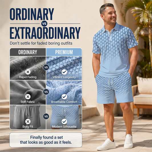 👕 Men's Geometric Print Collared Top & Shorts Set – Modern Pattern & Breathable Coordinated Look 🔷