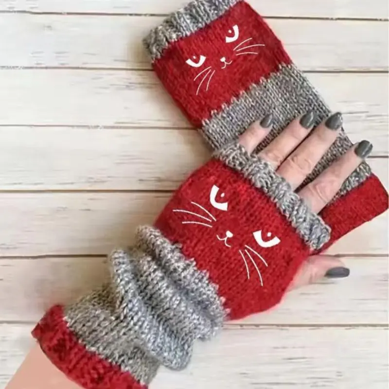 🐱 Cute Women’s Knitted Cat Gloves — For Warm Hands & Free Fingers🧶