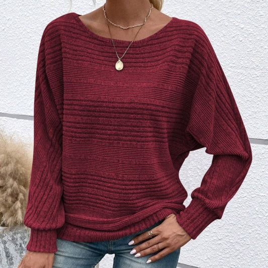 Solid Round-Neck Striped Top with Long Sleeves