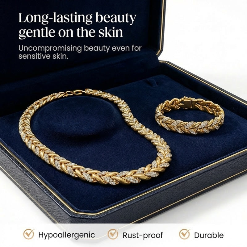 Adjustable Rhinestone Leaf Link Necklace & Bracelet Set