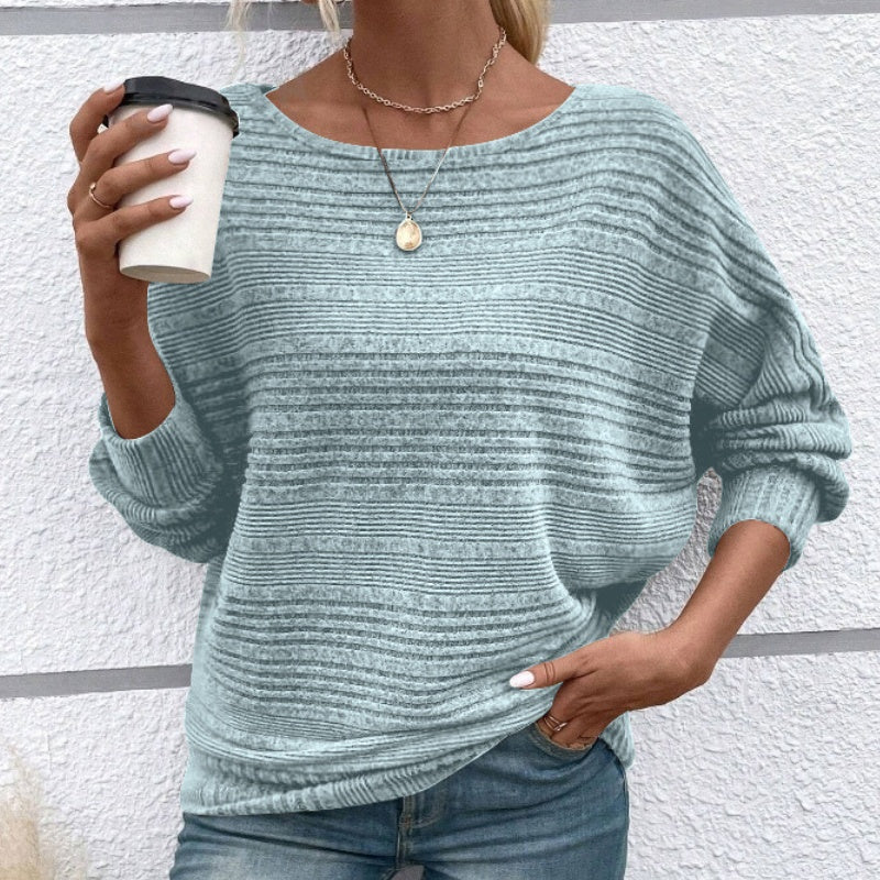 Solid Round-Neck Striped Top with Long Sleeves