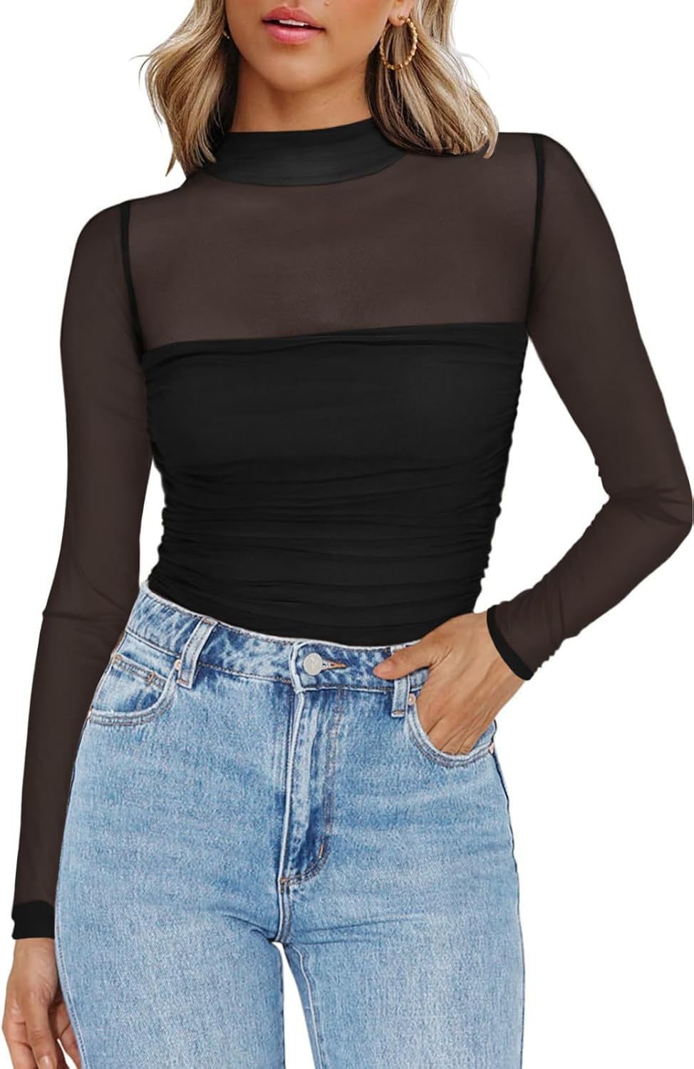 🎉Women's Sparkle Mesh Sheer Long Sleeve Ruched Top