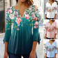 Women's Floral Button V-Neck Pleated 3/4 Sleeve T-Shirt