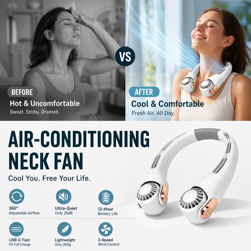 🍃 Neck Air Conditioner Fan – Ultra‑quiet, 360° rotating, 3 speeds. Hands‑free cooling, long battery. Summer essential! 😎🌬️