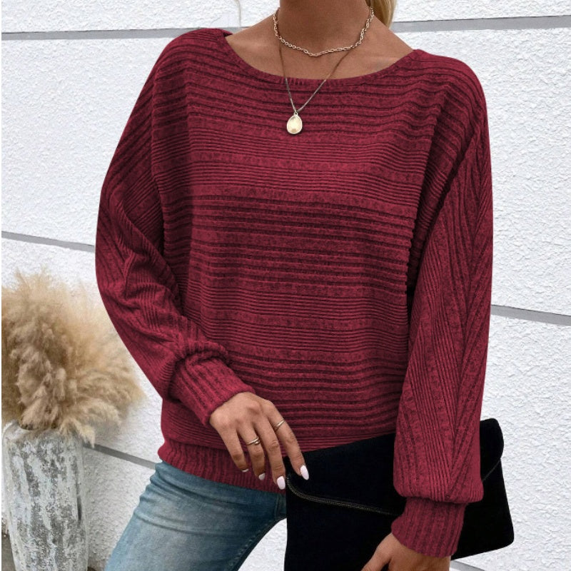Solid Round-Neck Striped Top with Long Sleeves