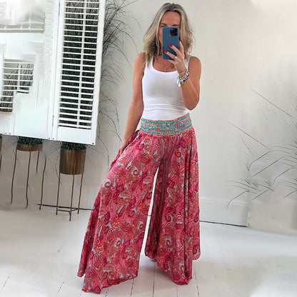 🌺Ethnic Paisley Print Elastic Patchwork-Waist Lightweight Pants