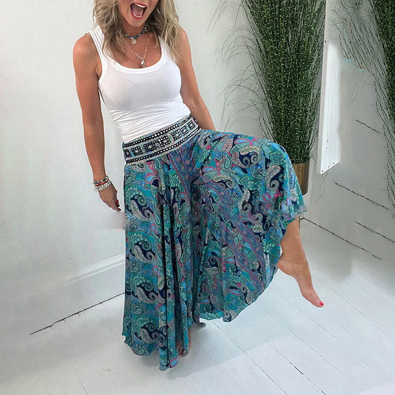 🌺Ethnic Paisley Print Elastic Patchwork-Waist Lightweight Pants