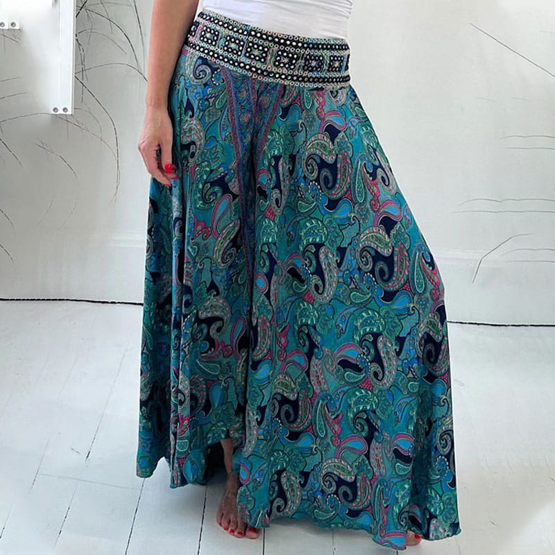 🌺Ethnic Paisley Print Elastic Patchwork-Waist Lightweight Pants