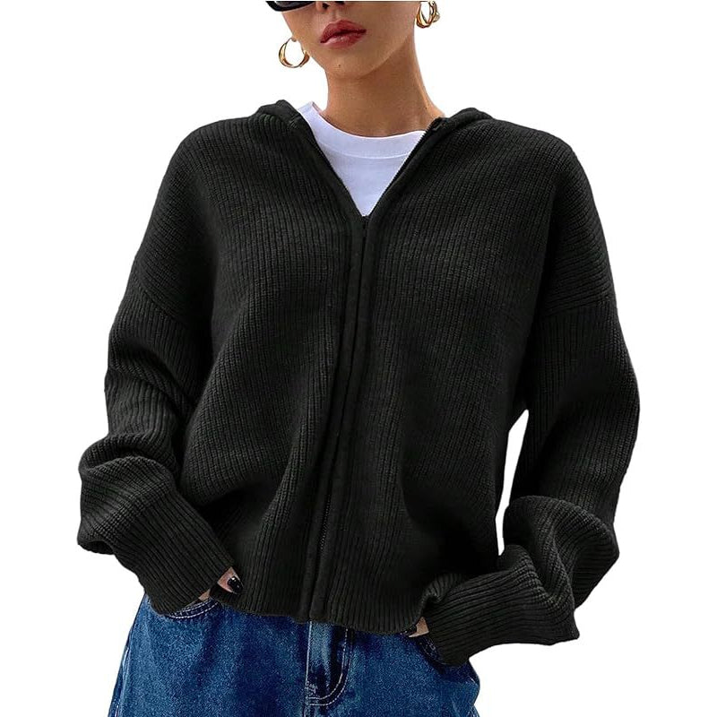Women's Zip Up Hooded Knitted Cardigan