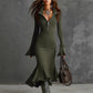 Retro Zipper Neck Trumpet Sleeve Midi Dress