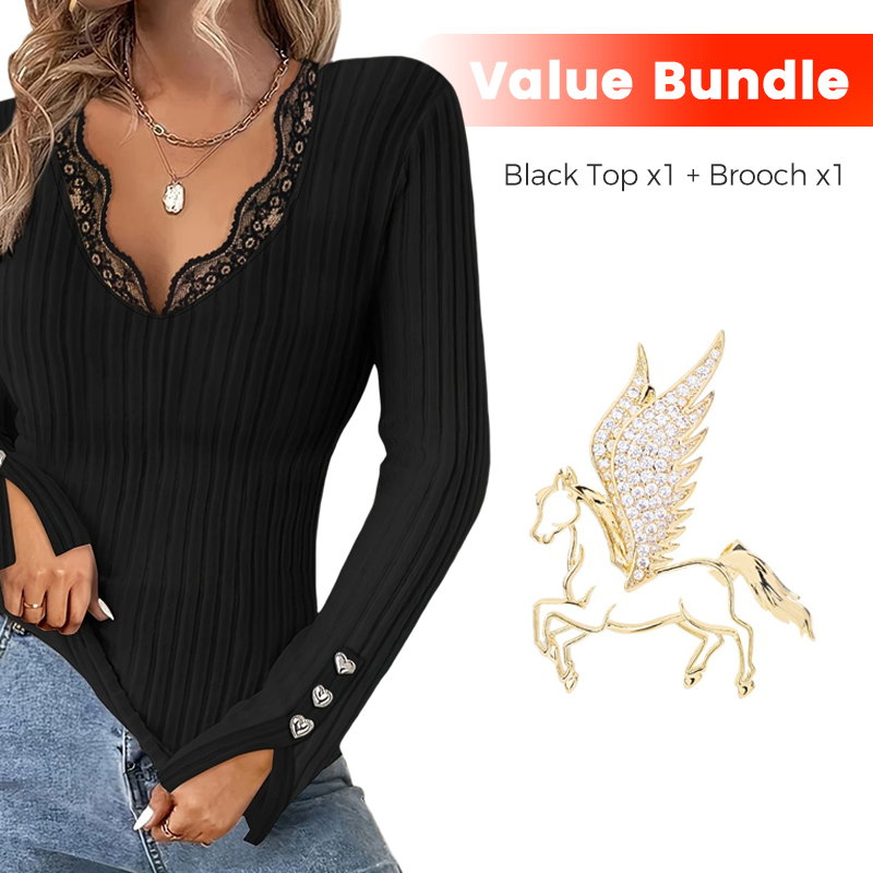 ⏳Time-Limited Special⏰Value Bundle: Lace Detail V-Neck Top for Women + Brooch
