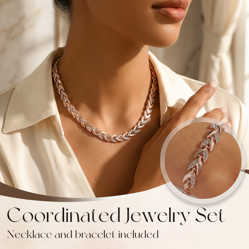 Adjustable Rhinestone Leaf Link Necklace & Bracelet Set