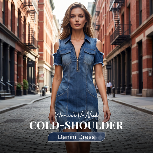 👖 ✨ Women's Cold-Shoulder Denim Dress – V-Neck, Flowy, Boho 🌼
