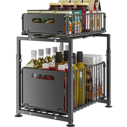 💪🥫Double-Tier Pull-Out Shelf Cabinet Organiser – 5 Height Adjustments, 2 Pull-Out Tiers, Carbon Steel & Large Capacity – No Assembly Required ✨