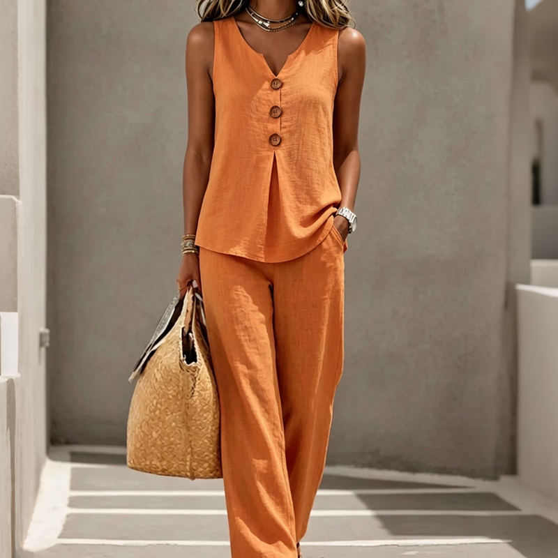 💕Women's Sleeveless Button Top and Loose Pants Set
