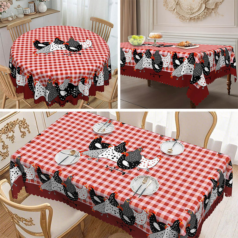 🐓 Farmhouse Rooster Tablecloth – Red Buffalo Plaid Chicken Table Cover, Spill Proof & Scalloped Lace Edge ✨