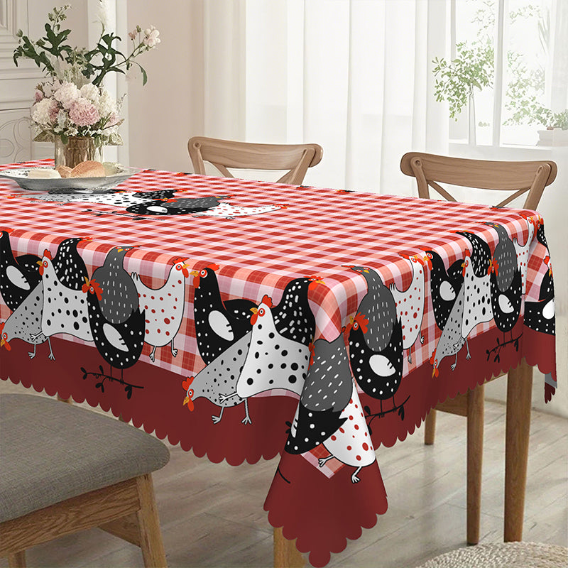 🐓 Farmhouse Rooster Tablecloth – Red Buffalo Plaid Chicken Table Cover, Spill Proof & Scalloped Lace Edge ✨