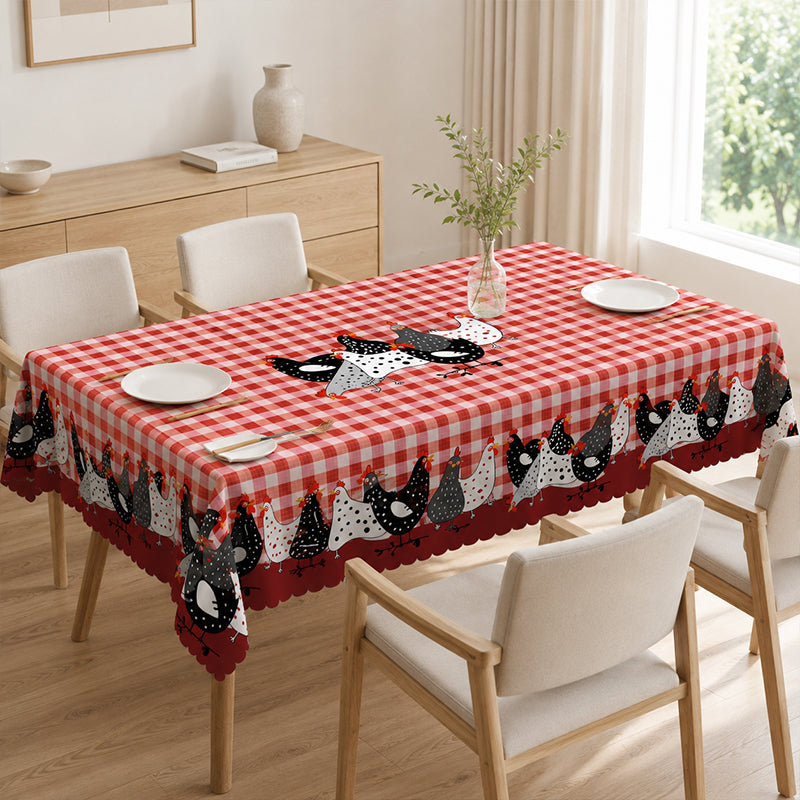🐓 Farmhouse Rooster Tablecloth – Red Buffalo Plaid Chicken Table Cover, Spill Proof & Scalloped Lace Edge ✨