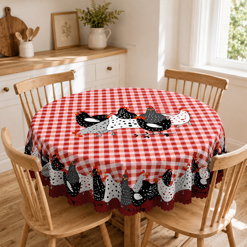 🐓 Farmhouse Rooster Tablecloth – Red Buffalo Plaid Chicken Table Cover, Spill Proof & Scalloped Lace Edge ✨