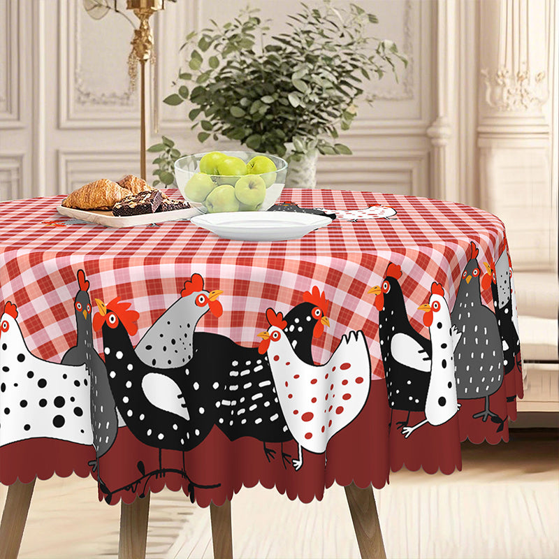 🐓 Farmhouse Rooster Tablecloth – Red Buffalo Plaid Chicken Table Cover, Spill Proof & Scalloped Lace Edge ✨