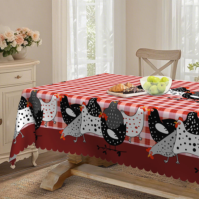 🐓 Farmhouse Rooster Tablecloth – Red Buffalo Plaid Chicken Table Cover, Spill Proof & Scalloped Lace Edge ✨