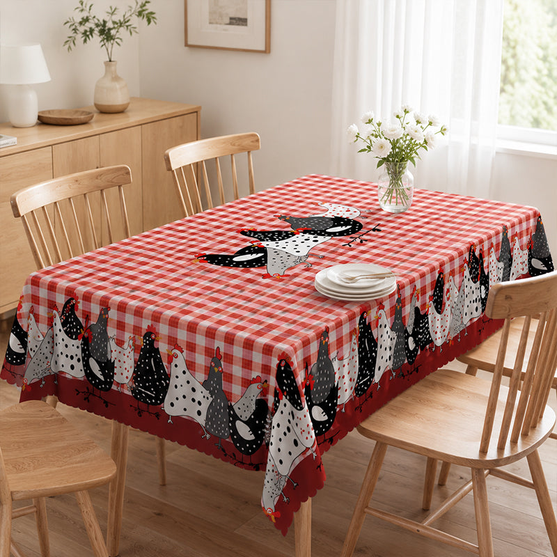 🐓 Farmhouse Rooster Tablecloth – Red Buffalo Plaid Chicken Table Cover, Spill Proof & Scalloped Lace Edge ✨