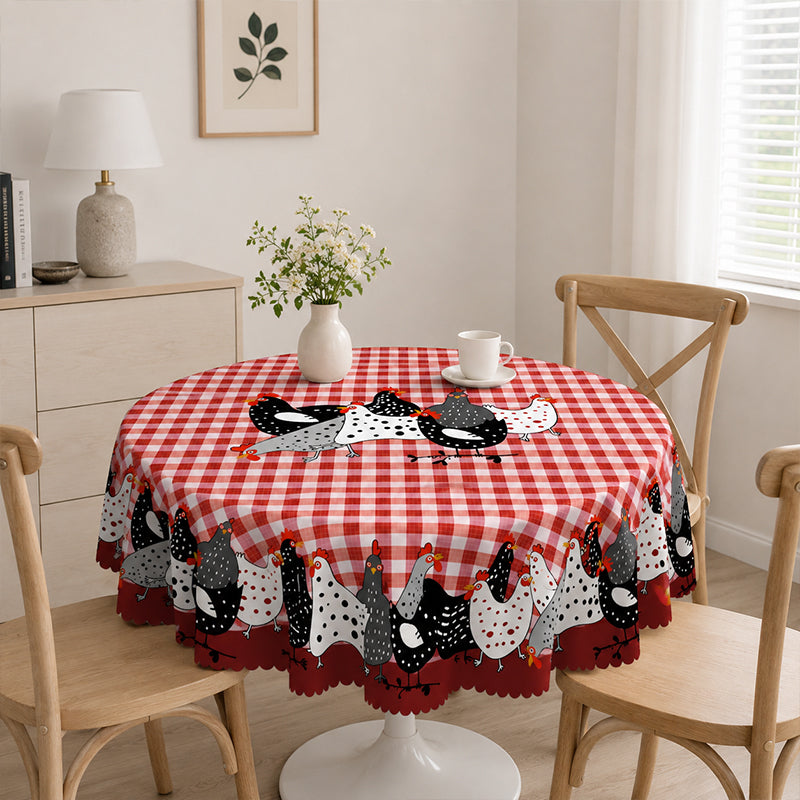 🐓 Farmhouse Rooster Tablecloth – Red Buffalo Plaid Chicken Table Cover, Spill Proof & Scalloped Lace Edge ✨