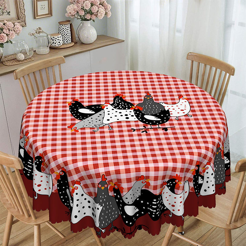 🐓 Farmhouse Rooster Tablecloth – Red Buffalo Plaid Chicken Table Cover, Spill Proof & Scalloped Lace Edge ✨