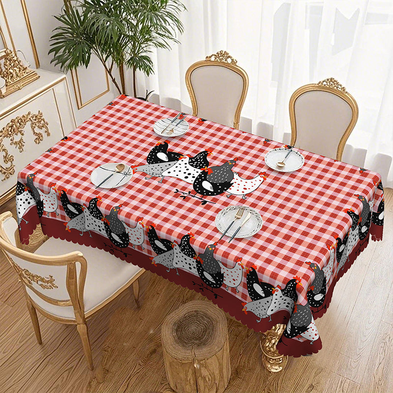 🐓 Farmhouse Rooster Tablecloth – Red Buffalo Plaid Chicken Table Cover, Spill Proof & Scalloped Lace Edge ✨