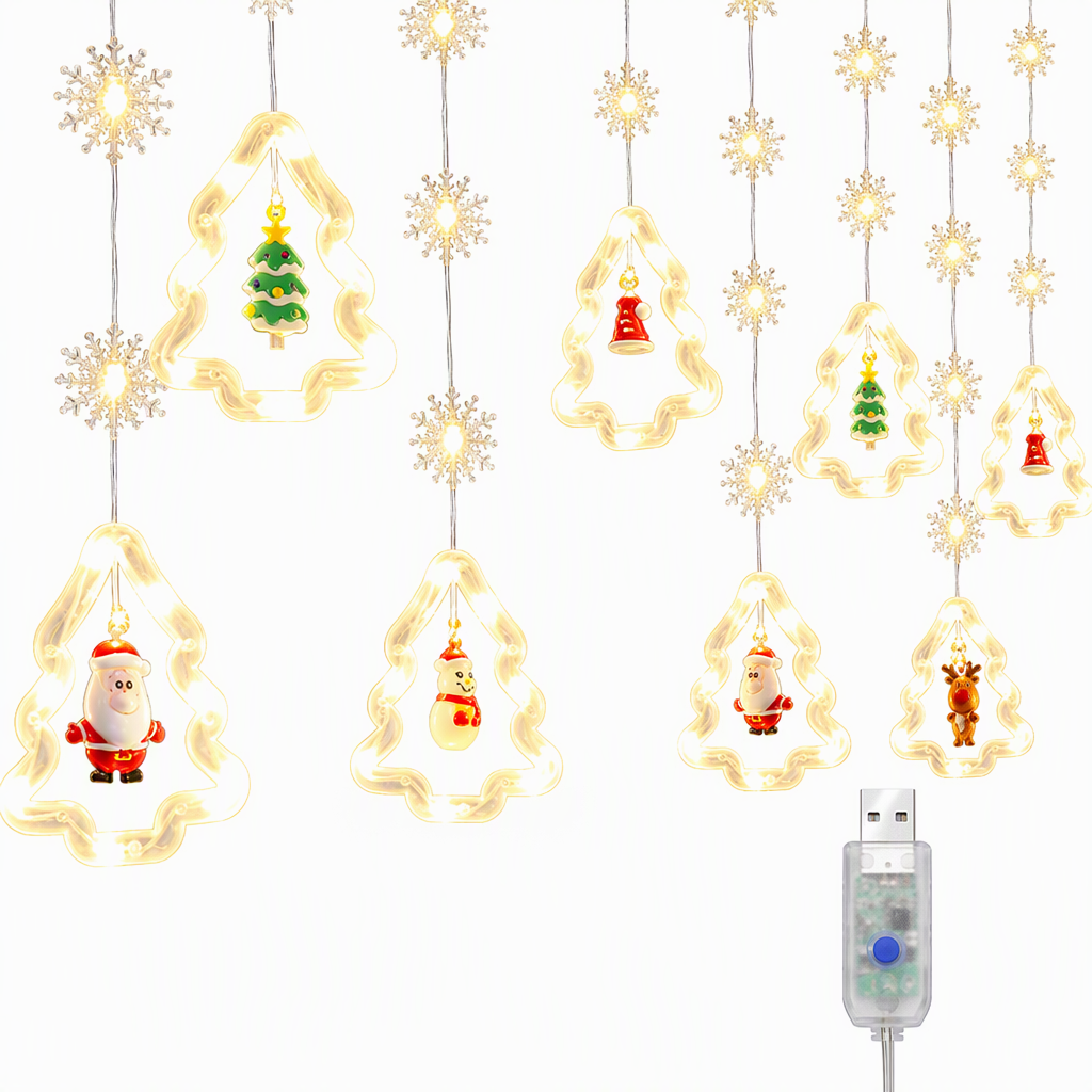 LED Christmas Icicle String Lights USB Powered Star and Christmas Tree Ring Hanging Lights for Holiday Window Decoration